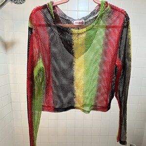 MadRag Vintage 90s Rasta Jamaican Flag Mesh Hooded Crop Top
